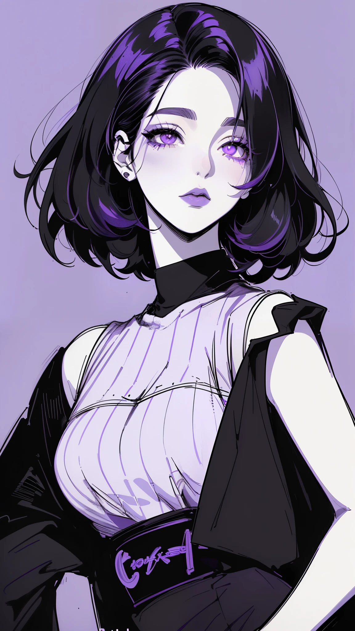 (best quality, sketch:1.2), dark monochrome background, anime,illustrator,anime,1 girl, detailed lips,sweater,custom, ( background dark),neon hair,textured cropping,Canadian, masterpiece, style retro classic, noir dark, art, sketch book, (bob hair purple:1.35, black:1.55), bad women 