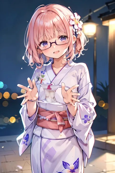 (masterpiece, Highest quality:1.4), Beautiful Face，32K, Absurd，(Floral Yukata:1.4)，violet，Gardenia，Delicate ， alone，night，Holding freshly removed damp girls panties，View your audience, Upper Body, Film Grain，chromatic aberration，Sharp focus，Face Light，Professional Lighting，Sophisticated，(A shy smile:0.4)，(Simple Background，Bokeh Background:1.2)，detailed aspects，(((Show me your nipples:0.57)))，((Very young and very short:1.2)，(Pink hair with flowers:1.4)，((Show me the vagina:1.5))，(Semen flowing from the vagina)，(A remote controlled electric vibrator is inserted into her vagina.)，(squint)，(Short kimono)，(hour々々Glasses)，(hour々 penis insertion)，(hour々 I suck a penis)，