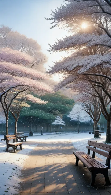 a serene winter landscape in tokyo park, empty bench under bare trees, warm soft lighting, hyperrealistic, deep focus bokeh, ray...