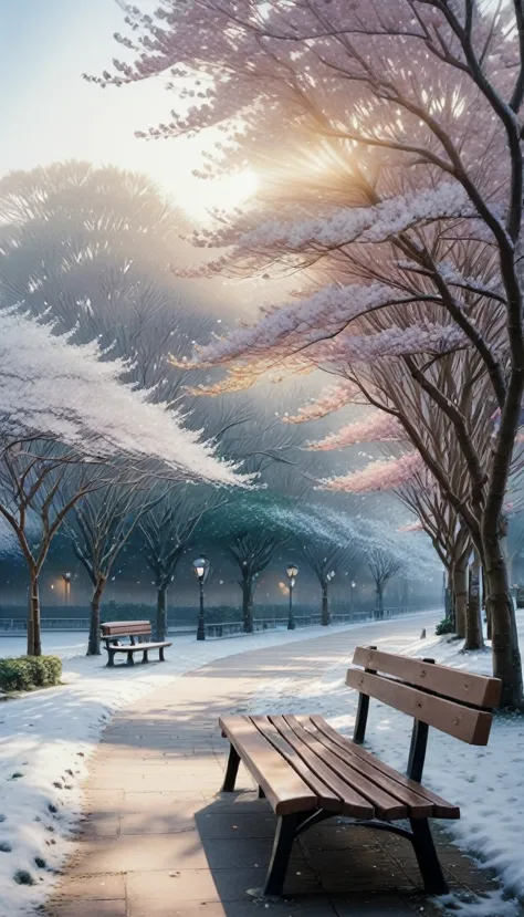 a serene winter landscape in tokyo park, empty bench under bare trees, warm soft lighting, hyperrealistic, deep focus bokeh, ray...