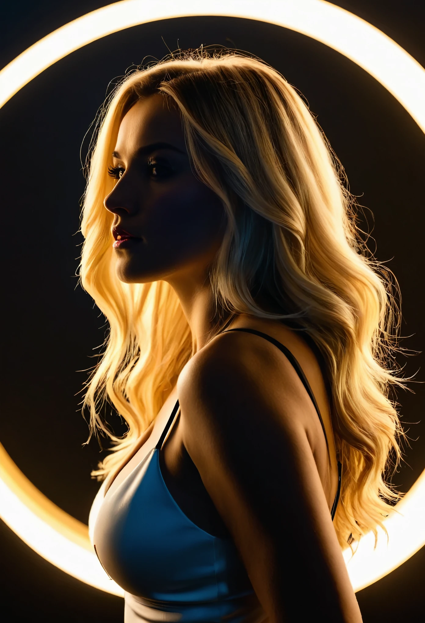 (Photorealistic.Uhd.masterpiece) random ultra hot gorgeous European woman silhouette. Age 23. Blonde hair. Backlight. standing in a circle