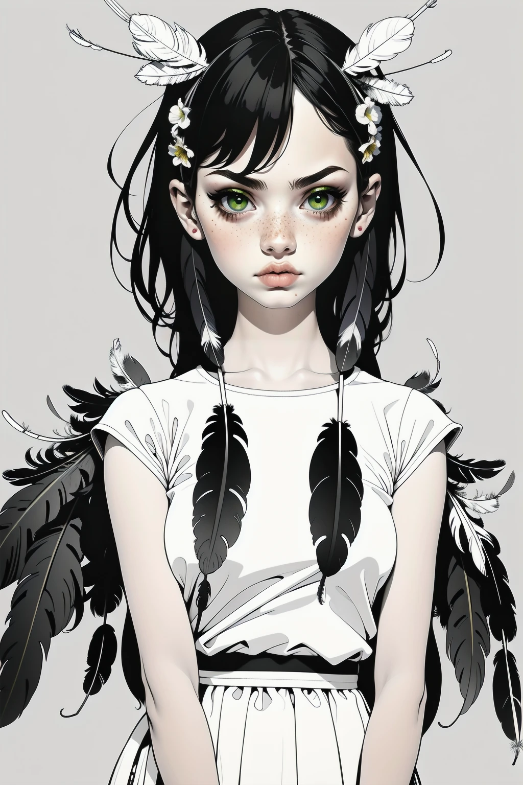 Partial Coloring, line style, (masterpiece, best quality:1.2), (Simple background:1.5), 1 girl, (Black and white feathers, Symmetrical composition:1.25)
