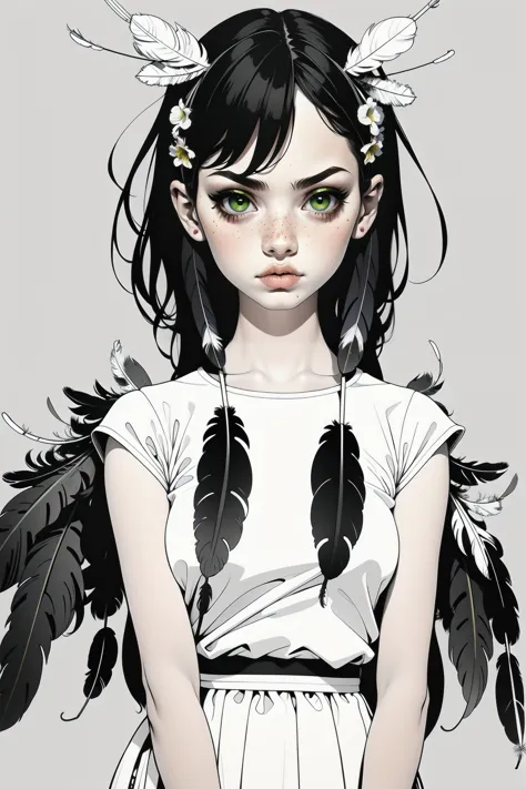 partial coloring, line style, (masterpiece, best quality:1.2), (simple background:1.5), 1 girl, (black and white feathers, symme...