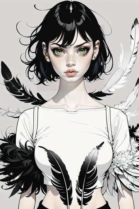 partial coloring, line style, (masterpiece, best quality:1.2), (simple background:1.5), 1 girl, (black and white feathers, symme...