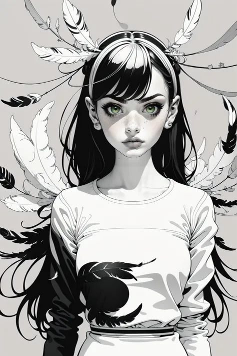 partial coloring, line style, (masterpiece, best quality:1.2), (simple background:1.5), 1 girl, (black and white feathers, symme...