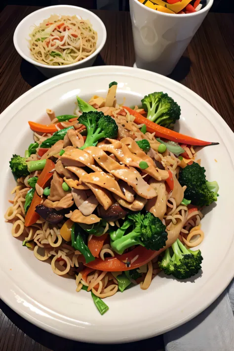 PHOTO OF A YAKISOBA LUNCH WITHOUT A DIVISION Yakisoba oriental noodles, with meat and chicken. Accompanied by fresh vegetables (broccoli, onion, carrot, bell pepper, chard and cabbage)
