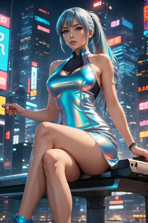 woman, blue hair, long hair, ponytail, crystal blue eyes, ((very large breasts)), cyberpunk city, ((iridescent minidress)), sitt...