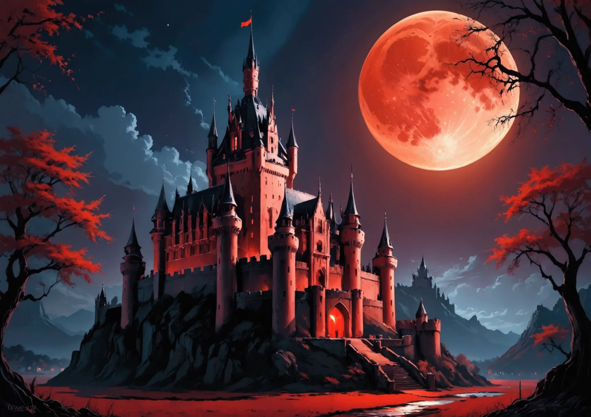 dracular&#39;s castle with red moonlight in the background