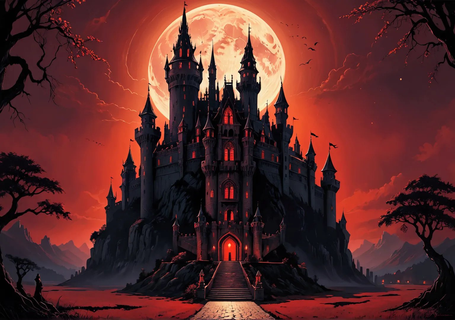 dracular&#39;s castle with red moonlight in the background