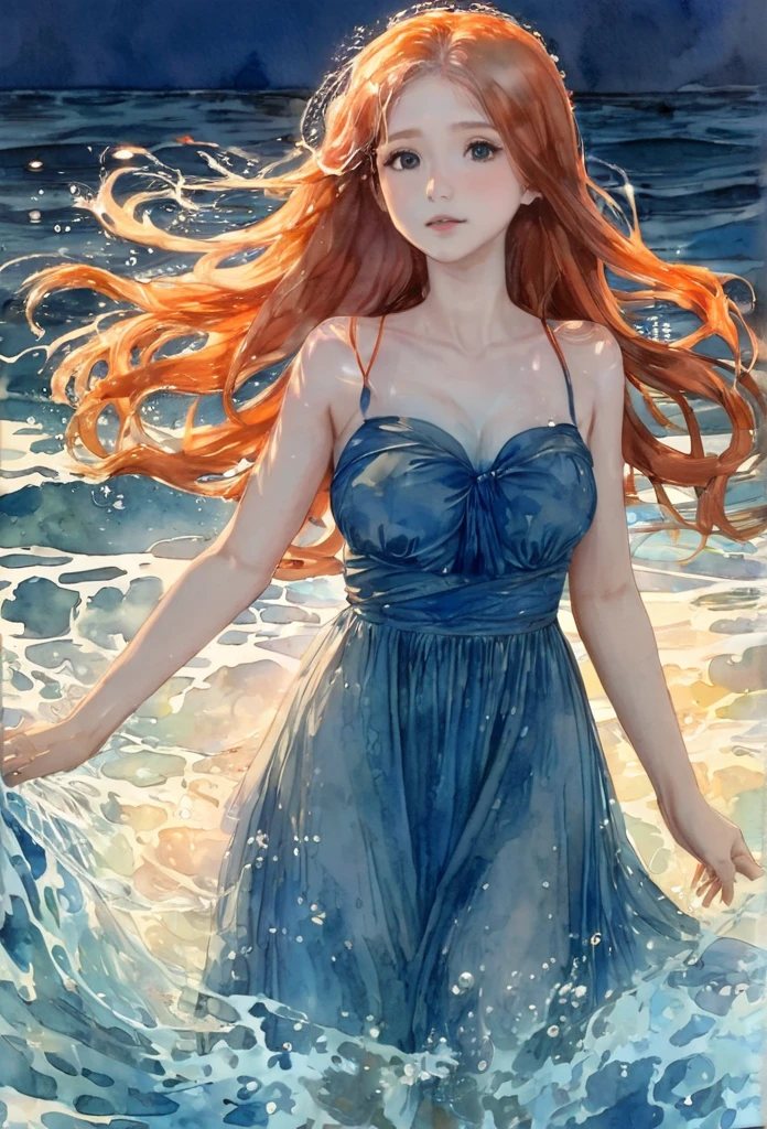 (masterpiece, best quality), ((1girl, solo, long hair)), Ishmael_limbus, innocence expression, bare arms, bare shoulders, bare neck, watercolor, sundress, liquid clothes, water, waves, water dress, blue_theme, night, mist, dark, sharp focus, sea, see-through dress, orange hair