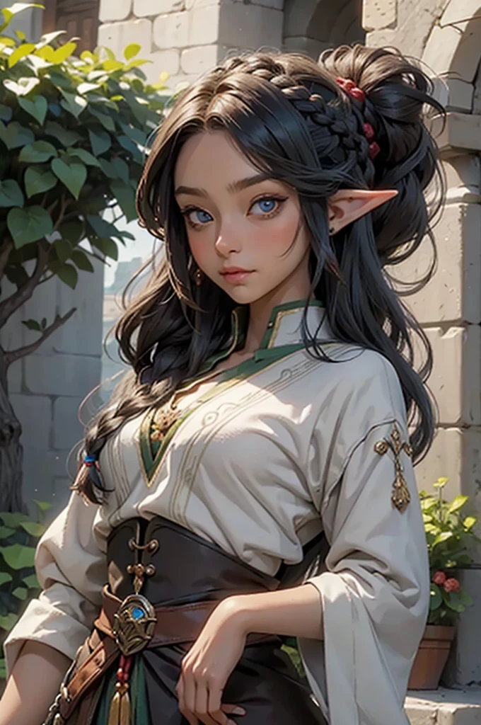 tanned elf, dark elf, braid, tied hair, long hair, ponytail, jester, male cute young boy, . cute, enface, adventurer, medieval, mmo, portrait, bakara jurgen clothes
