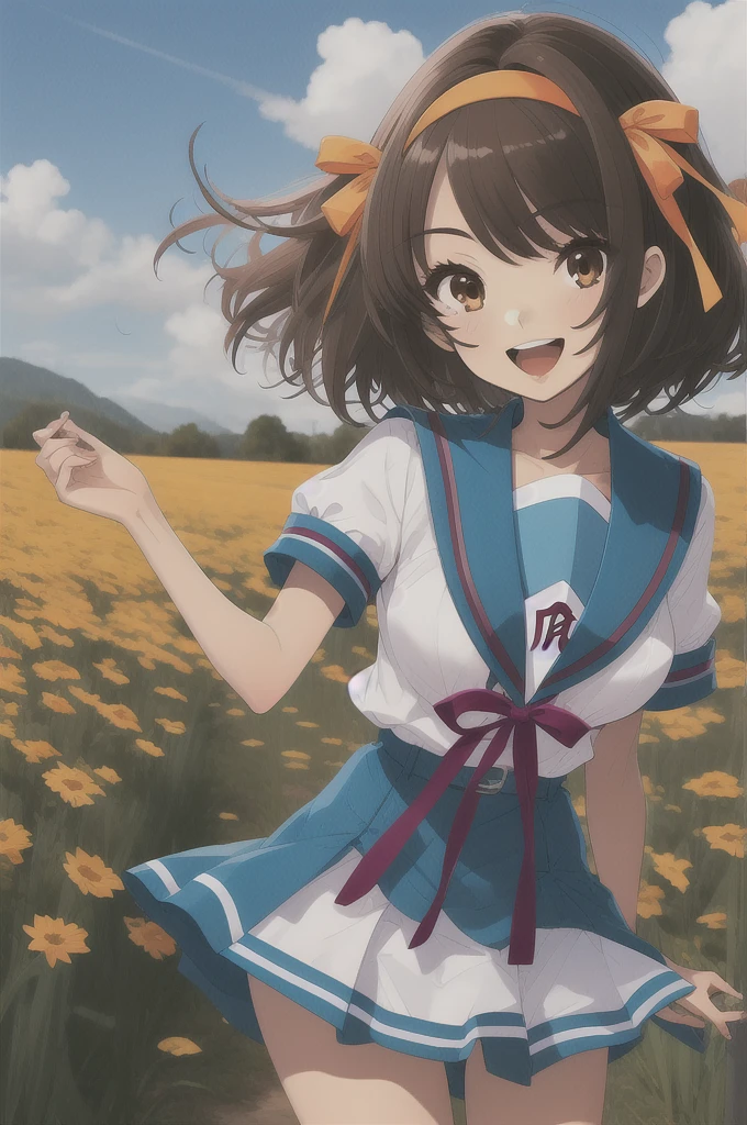 1girl, cowboy shot, field, smile, open mouth, 
haruhisuzumiya, brown eyes, brown hair, medium hair, hair ribbon, hairband, kita high , serafuku, sailor collar, white shirt, short sleeves, skirt, best quality, masterpiece, highres, 