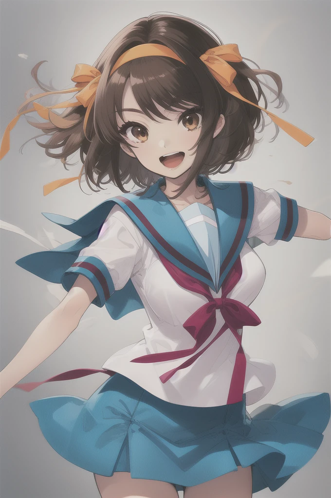 1girl, cowboy shot, field, smile, open mouth, 
haruhisuzumiya, brown eyes, brown hair, medium hair, hair ribbon, hairband, kita high , serafuku, sailor collar, white shirt, short sleeves, skirt, best quality, masterpiece, highres, 