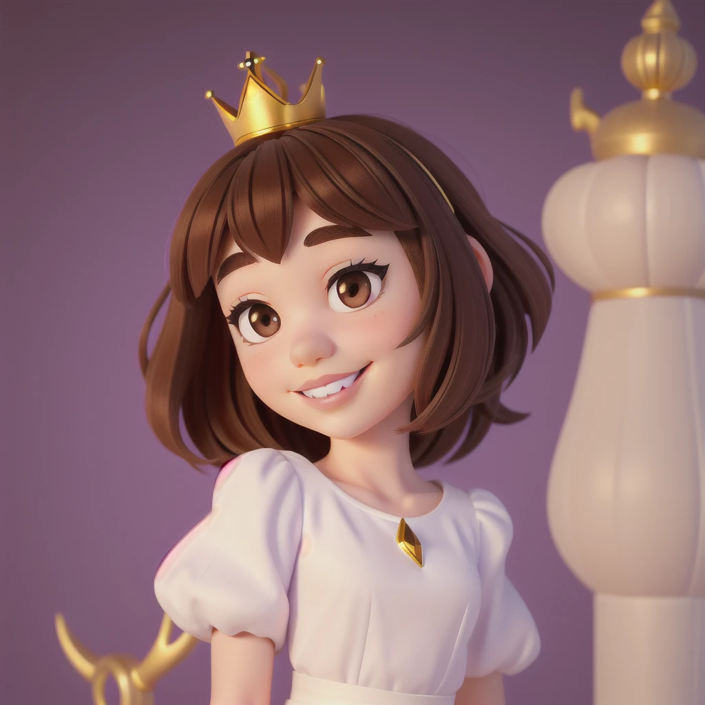 Round logo, purple background, young girl, (((brown hair))), brown eyes, big cheeks. Small smile, lips parted, white teeth. (Princess Belle, 1.03). 