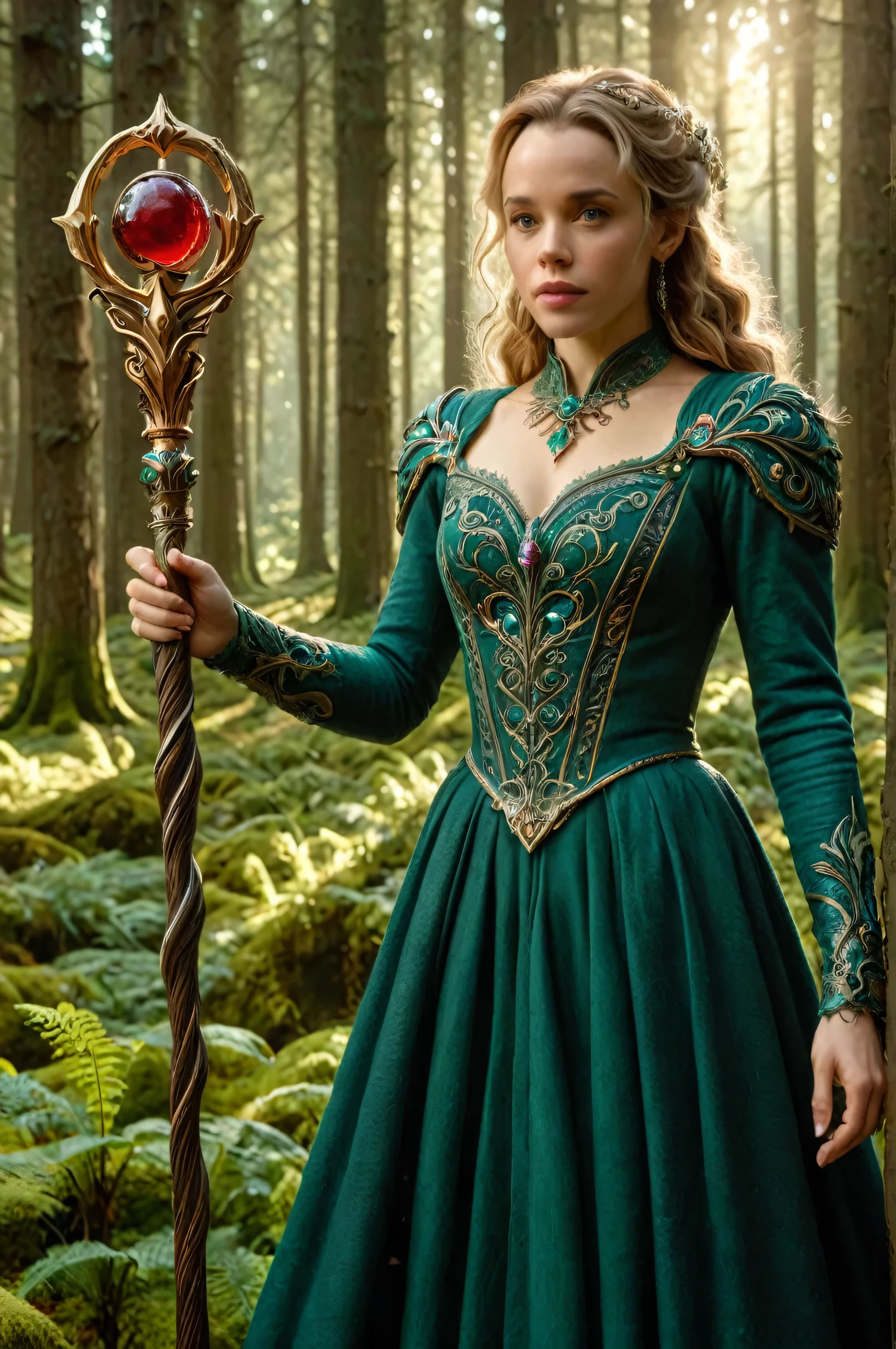 photorealistic 8k longueur du corps entière par (((frères grimm) et Rachel McAdams,   tenir un bâton, bâton orbe 