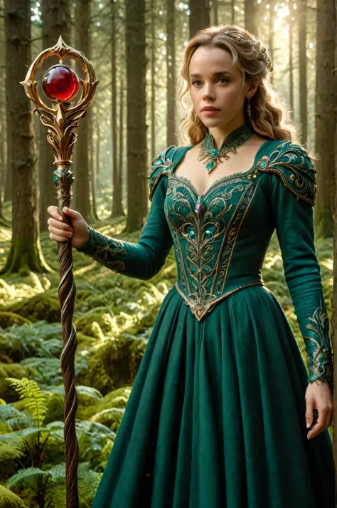 photorealistic 8k full body length per (((brothers grimm) e rachel mcadams,   holding a staff, orbstaff