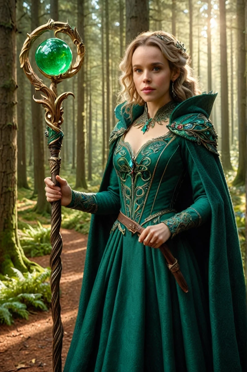 photorealistic 8k longueur du corps entière par (((frères grimm) et Rachel McAdams,   tenir un bâton, bâton orbe 