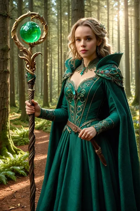 photorealistic 8k full body length per (((brothers grimm) e rachel mcadams,   holding a staff, orbstaff