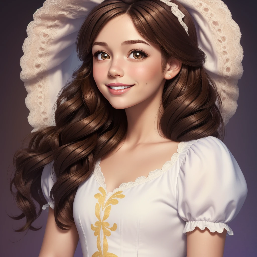 Round logo, purple background, young girl, (((brown hair))), brown eyes, big cheeks. Small smile, lips parted, white teeth. (Disney’s Belle, 1.03). 