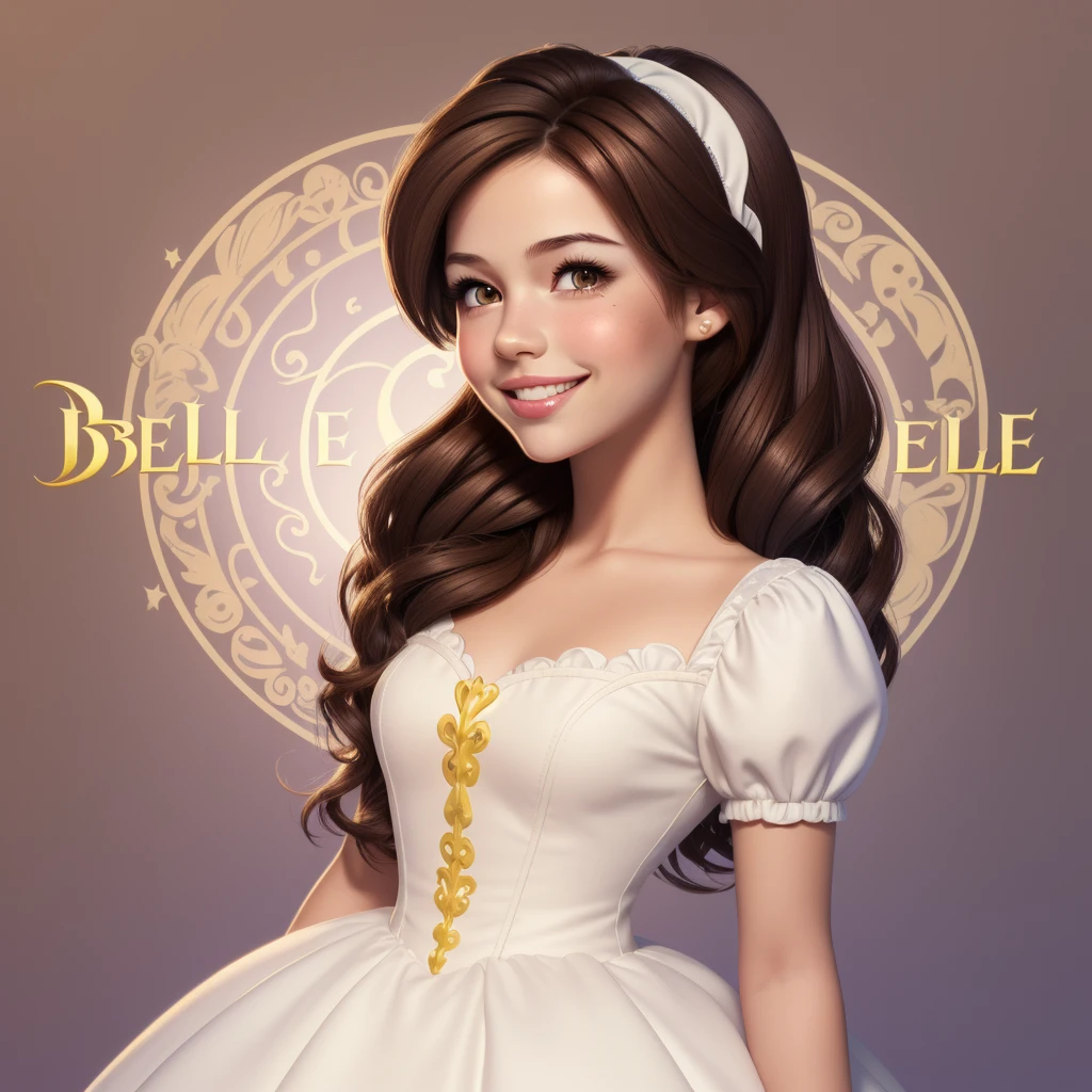 Round logo, purple background, young girl, (((brown hair))), brown eyes, big cheeks. Small smile, lips parted, white teeth. (Disney’s Belle, 1.03). 