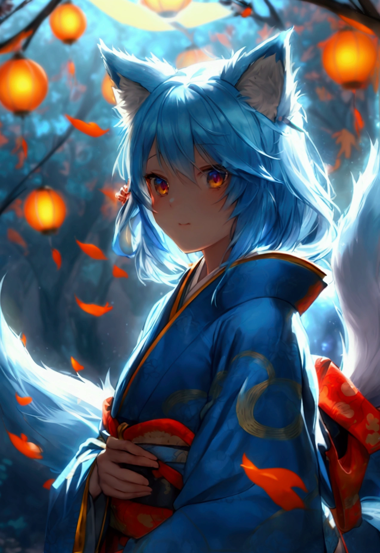 fox Light blue hair 　beast girl　indigo fur　fox beast girl　fox Light blue hair 　beast girl　indigo fur　fox beast girl　Wallpaper 4k,8k,highly detailled,,vivid colors,detailed kitsune with 9 tails,traditional Japanese artwork,tatami floor,beautiful cherry blossoms,floating lanterns,dark silhouette of a pagoda,subtle moonlight,dense forest,ethereal atmosphere,dappled sunlight,whimsical spirit,serene expression,elaborate kimono and obi,delicate hand-painted details,luminous eyes　Anime Style　fox　blue　White-faced golden-haired nine-tailed fox　Coat blue　woman　fox Light blue hair 　beast girl　indigo fur　fox beast girl　Anime Style　fox　blue　White-faced golden-haired nine-tailed fox　Coat blue　woman　She has a long blue ribbon in her hair　mysterious background　Blue Flame　girl　have a ball of light　fox Light blue hair 　beast girl　indigo fur　fox beast girl　mysterious background　Blue Flame　girl　have a ball of light Anime Style　fox　blue　White-faced golden-haired nine-tailed fox　Coat blue　gender change　gender change　mysterious background　Blue Flame　girl　have a ball of light　woman gender change　gender changegender change　I have a crepe　She has a long blue ribbon in her hairShe has a long blue ribbon in her hair