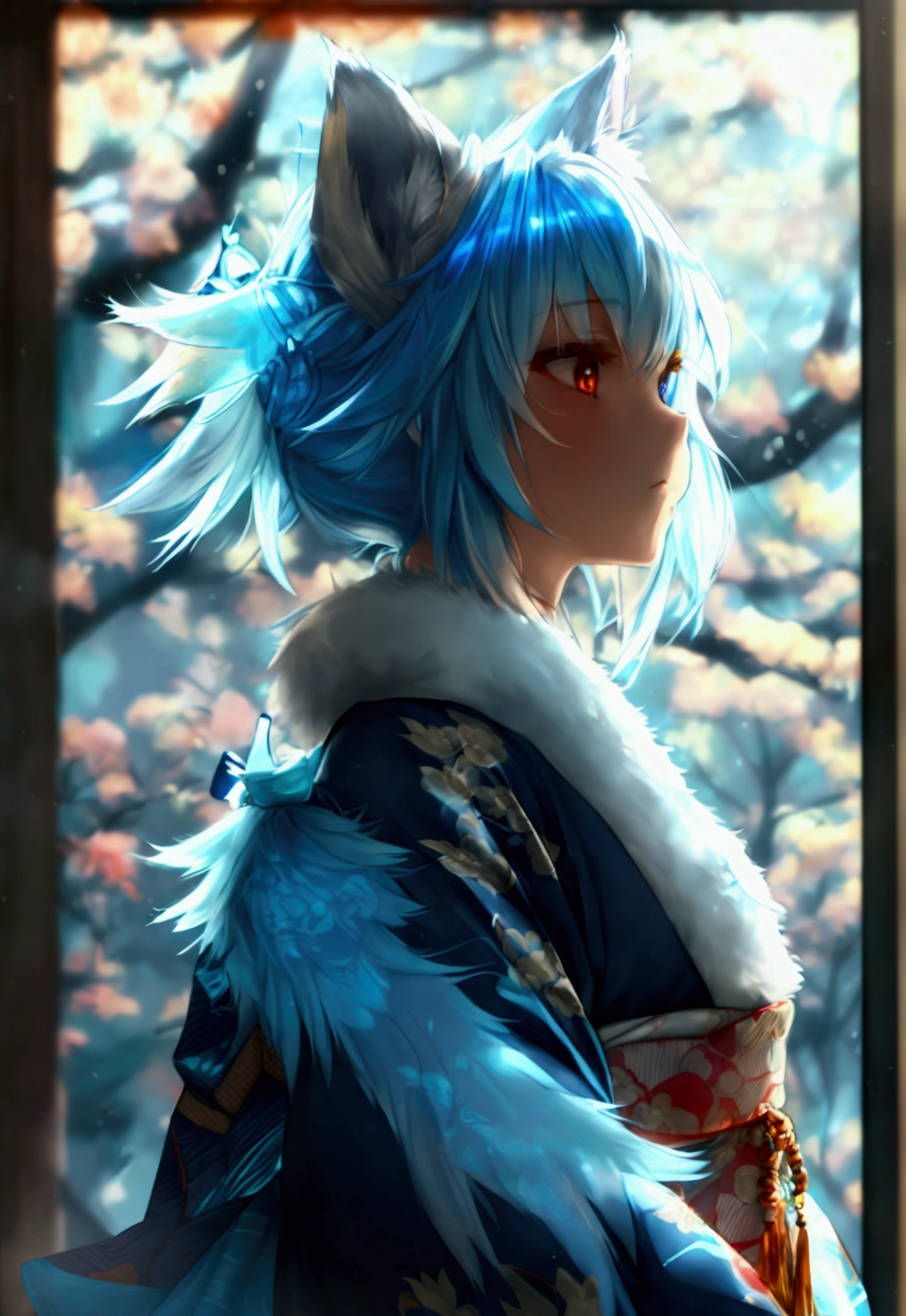 fox Light blue hair 　beast girl　indigo fur　fox beast girl　fox Light blue hair 　beast girl　indigo fur　fox beast girl　Wallpaper 4k,8k,highly detailled,,vivid colors,detailed kitsune with 9 tails,traditional Japanese artwork,tatami floor,beautiful cherry blossoms,floating lanterns,dark silhouette of a pagoda,subtle moonlight,dense forest,ethereal atmosphere,dappled sunlight,whimsical spirit,serene expression,elaborate kimono and obi,delicate hand-painted details,luminous eyes　Anime Style　fox　blue　White-faced golden-haired nine-tailed fox　Coat blue　woman　fox Light blue hair 　beast girl　indigo fur　fox beast girl　Anime Style　fox　blue　White-faced golden-haired nine-tailed fox　Coat blue　woman　She has a long blue ribbon in her hair　mysterious background　Blue Flame　girl　have a ball of light　fox Light blue hair 　beast girl　indigo fur　fox beast girl　mysterious background　Blue Flame　girl　have a ball of light Anime Style　fox　blue　White-faced golden-haired nine-tailed fox　Coat blue　gender change　gender change　mysterious background　Blue Flame　girl　have a ball of light　woman gender change　gender changegender change　I have a crepe　She has a long blue ribbon in her hairShe has a long blue ribbon in her hair