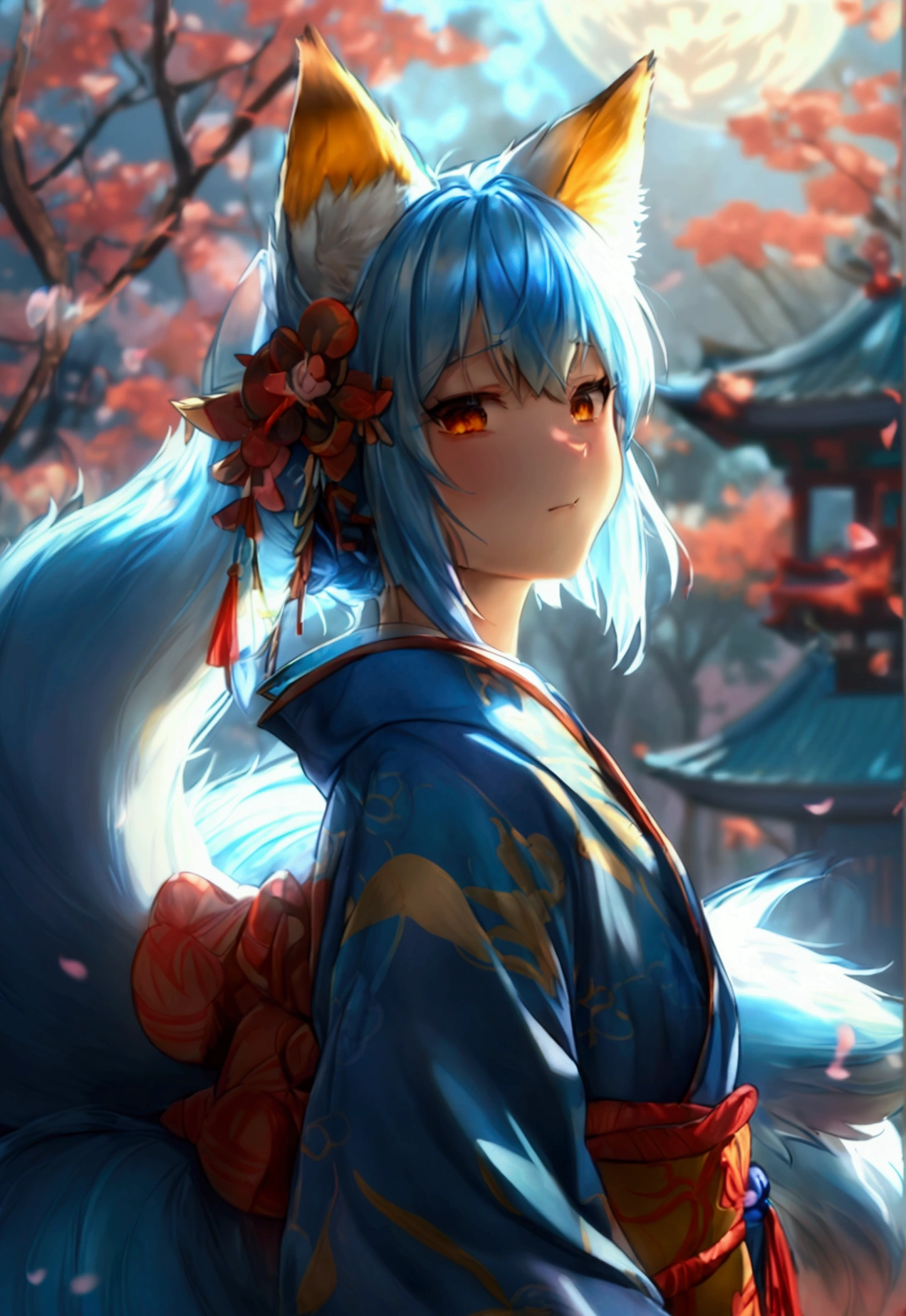 fox Light blue hair 　beast girl　indigo fur　fox beast girl　fox Light blue hair 　beast girl　indigo fur　fox beast girl　Wallpaper 4k,8k,highly detailled,,vivid colors,detailed kitsune with 9 tails,traditional Japanese artwork,tatami floor,beautiful cherry blossoms,floating lanterns,dark silhouette of a pagoda,subtle moonlight,dense forest,ethereal atmosphere,dappled sunlight,whimsical spirit,serene expression,elaborate kimono and obi,delicate hand-painted details,luminous eyes　Anime Style　fox　blue　White-faced golden-haired nine-tailed fox　Coat blue　woman　fox Light blue hair 　beast girl　indigo fur　fox beast girl　Anime Style　fox　blue　White-faced golden-haired nine-tailed fox　Coat blue　woman　She has a long blue ribbon in her hair　mysterious background　Blue Flame　girl　have a ball of light　fox Light blue hair 　beast girl　indigo fur　fox beast girl　mysterious background　Blue Flame　girl　have a ball of light Anime Style　fox　blue　White-faced golden-haired nine-tailed fox　Coat blue　gender change　gender change　mysterious background　Blue Flame　girl　have a ball of light　woman gender change　gender changegender change　I have a crepe　She has a long blue ribbon in her hairShe has a long blue ribbon in her hair