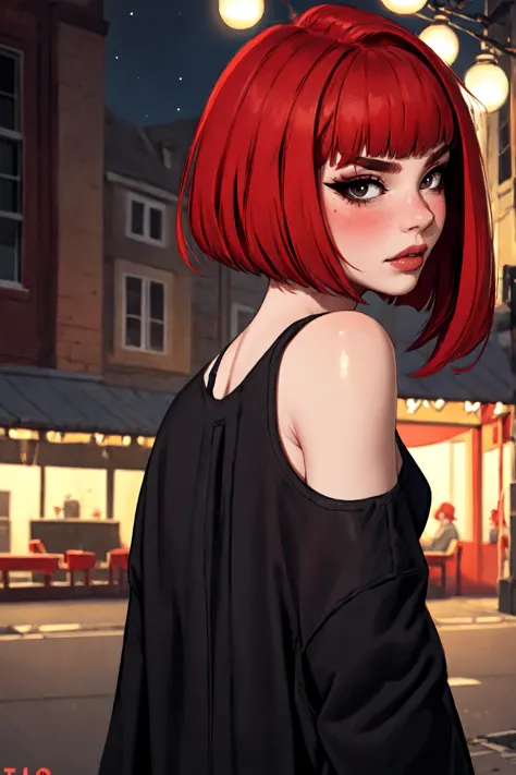 1woman, 35 years old, solo, skinny, red hair, black eyes, eyeliner, looking at viewer, lips, red bob cut, blunt bangs, blush, st...