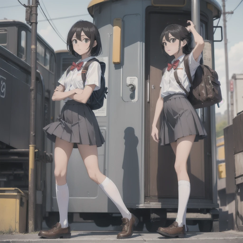 Man standing next to a train々Group of, photograph, Wearing a skirt and knee-high socks, school bag, Sexy Style,   Blurry, Two Women,  photograph, Atmospheric, Skirt lining, angle：Directly below