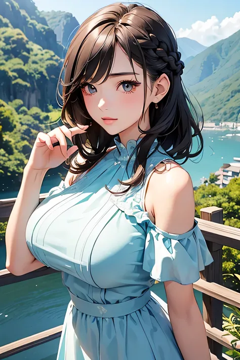 Highest quality、High resolution、Detailed Background、(Beautiful face in every detail:1.4)、Anatomically correct、(Normal number of fingers:1.2)、(Highly detailed face:1.2)、(Detailed eyes:1.2)、Beautiful women in their 20s、(Huge breasts:1.2)、Perfect body line、Light color hair、Braided bob cut、Braided long hair、Wavy Hairstyle、well-groomed eyebrows、Calm and elegant look、Mysterious atmosphere、Dreamy atmosphere、Do cute thingodel pose、

(A beautiful model with a popular spot in the background:1.5)、

Tulle dress、A tulle dress that lets you enjoy the sweetness of the season、Sports dress、Lined and jersey-style sporty-looking items are popular、Shoulder frill dress、A voluminous frilly dress、

Arashiyama bamboo forest and Togetsukyo Bridge、Walking trail along the valley、Lush mountain scenery、The best view point at Cape Zanpa is the blue sky and sea in the background.、Shooting at sunset time creates a fantastic atmosphere.、very beautiful