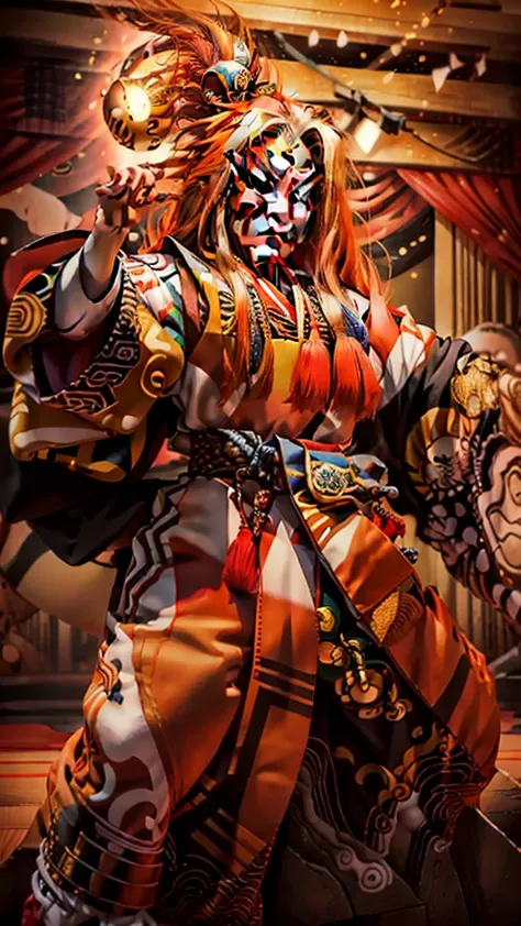 Several,Kabuki actor,human,male,pose,Long Hair,Scary face,The background is the stage,Cool,Realistic,picture,