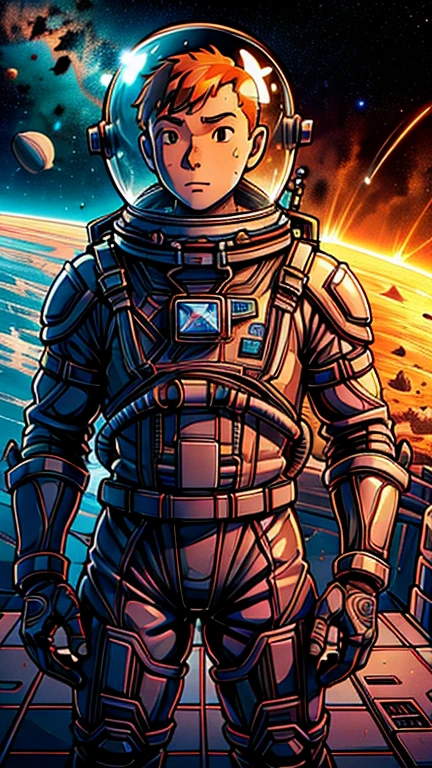 (Teenager:1 Junge: Tim und Struppi), (Extrem detailliertes CG Unit 8k-Hintergrundbild),(Masterteil), (beste Qualität), (Ultra-Details), (beste Illustration),(((Latex,hauteng,space Helm,Helm,Astronaut))), Cowboy-Schuss, (scharfer Eyeliner, Ombre, Detaillierte Augen:1),Dunkle Raumstation im Innenbereich Hintergrund, ,brechen , (Astronaut in an orange space suit), Oberkörper, Kurzes Haar, Rote Haare