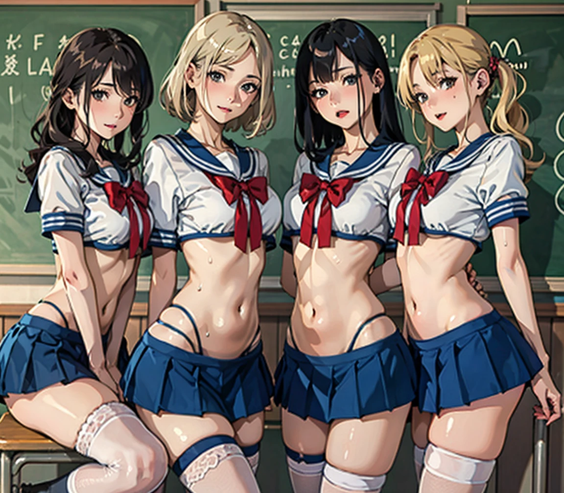 (Beautiful attention to detail), (Beautifully detailed face), (Highest quality), (Very detailed), (masterpiece), (Four Girls), (Multiple Girls), line up, Group photo, (Blonde), (Shag Hairstyle:1.1), (Sweat), (Are standing:1.0), (Large Breasts), (Thin thighs), (Narrow waist), (smile), (Yukisoyōso:1.2), (mini skirt:1.2), (Black knee socks), (School), (In the classroom:1.2), (clipboard:1.1), (Open your mouth), (Sticking out tongue:1.25), (abdomen), (belly button)