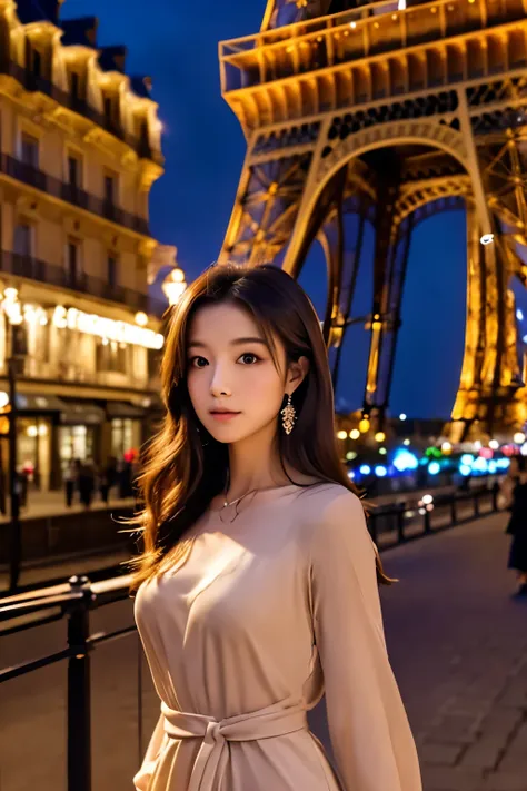 create a high-quality, hyper-realistic illustration of a skinny japanese woman standing in front of the eiffel tower at night. t...