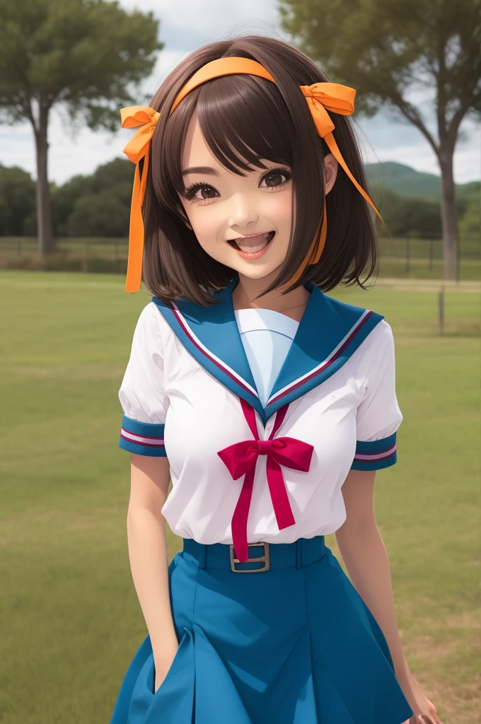 1girl, cowboy shot, field, smile, open mouth, 
haruhisuzumiya, brown eyes, brown hair, medium hair, hair ribbon, hairband, kita high , serafuku, sailor collar, white shirt, short sleeves, skirt, best quality, masterpiece, highres, 