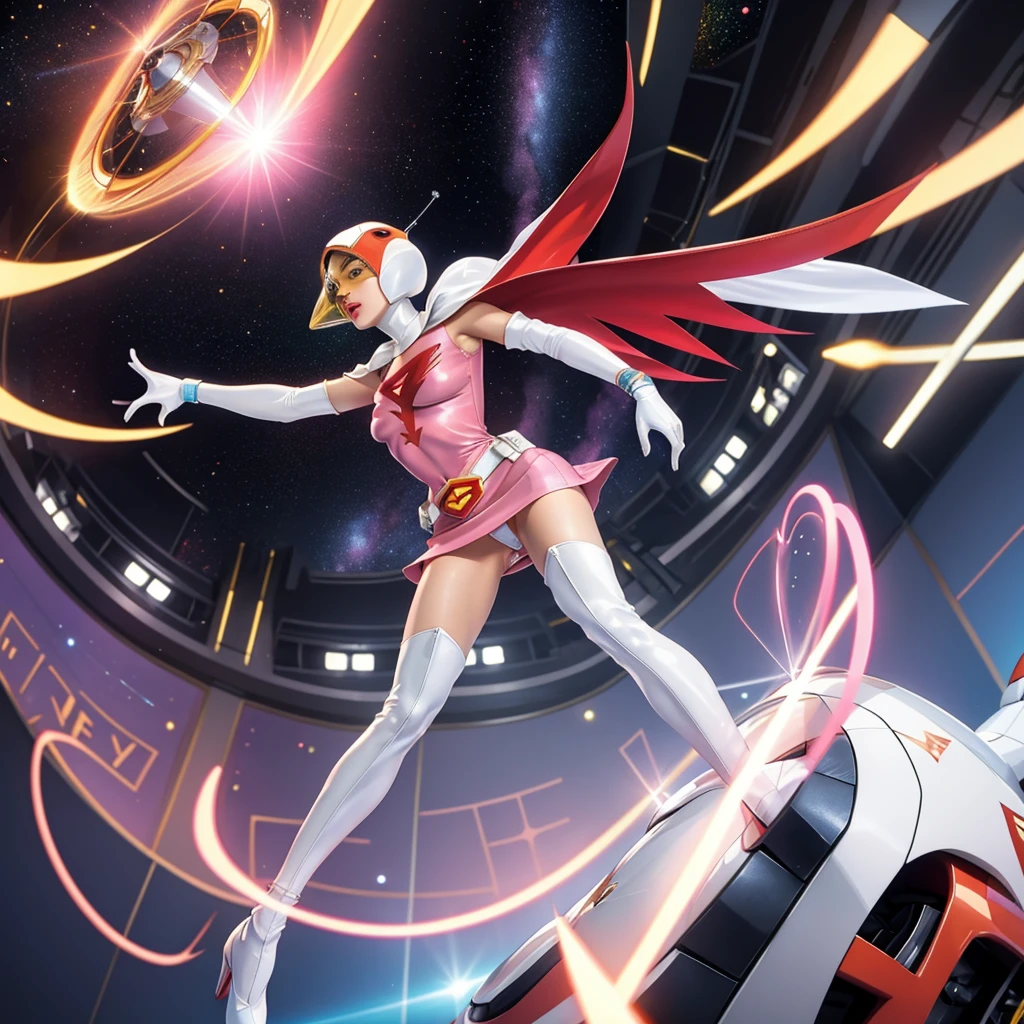 ANI_CLASSIC_jun_gatchaman_ownwaifu,1girl, 15yo,good anatomy, masterpiece, best quality, realistic, hyper realistic, 16k hdr, breasts, large breasts, lipstick, makeup, gloves, cape, helmet, belt, elbow gloves, white gloves, mask, ultra miniskirt, leotard, spacesuit, white tight overknee highheel boots, pink dress, superhero, bodysuit, cleavage, erected nipples,(sexy pose, from below:1.2),(spread legs:1.1),cameltoe