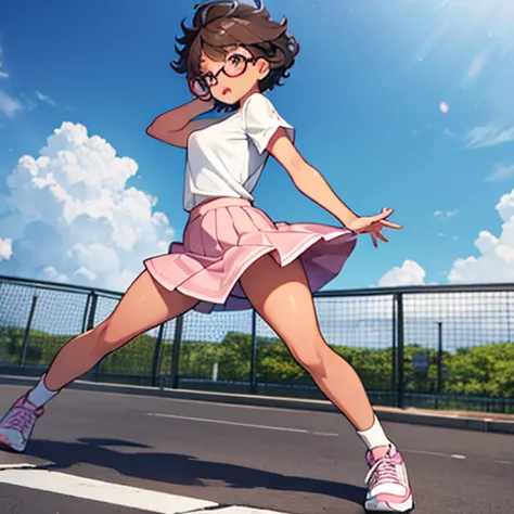 really embarrassed tomboy girl, with short gray curly  hair, brown skin and  glasses, in  sexy pink mini white skirt windy , whi...