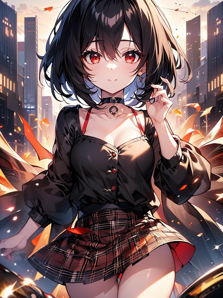 (masterpiece, highest quality, highest quality, (No text), Beautiful and aesthetic:1.2),No text,アニメ、BREAK,One Girl，Black Hair Girl　short hair　older sister　choker　Beautiful eyes　Red eyes　cool　smile　Red and Black　Black jacket　mini skirt　whole body　In town
