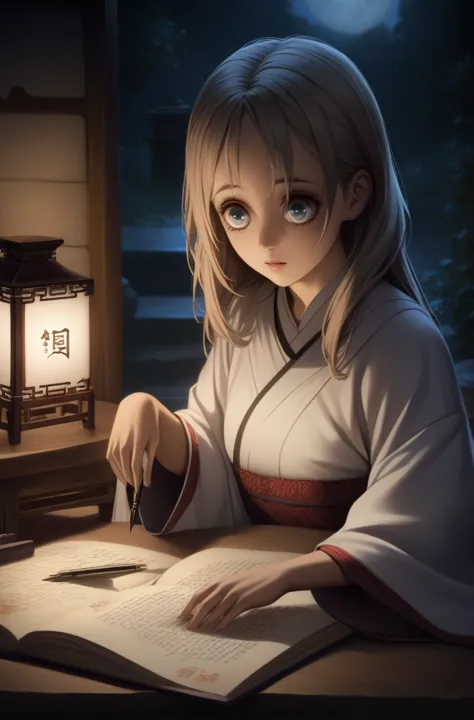 a photo of a beautiful girl in a traditional chinese dress looking at ancient chinese book under lamp on a low table in garden s...