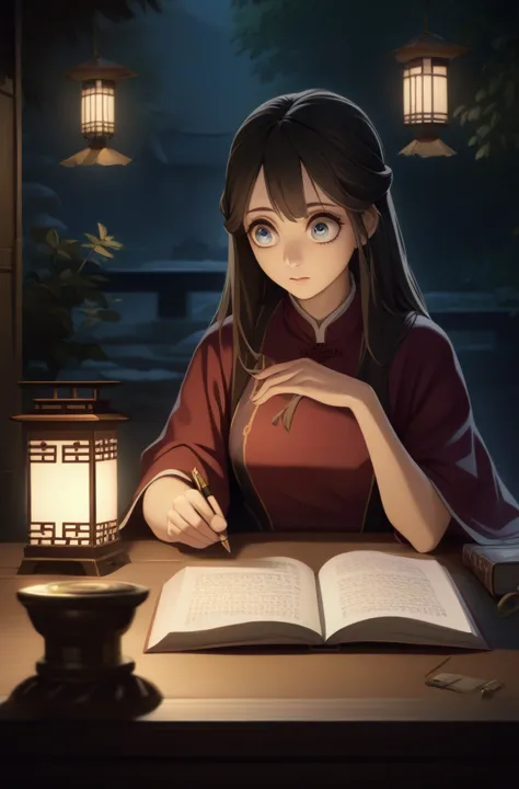 a photo of a beautiful girl in a traditional chinese dress looking at ancient chinese book under lamp on a low table in garden s...