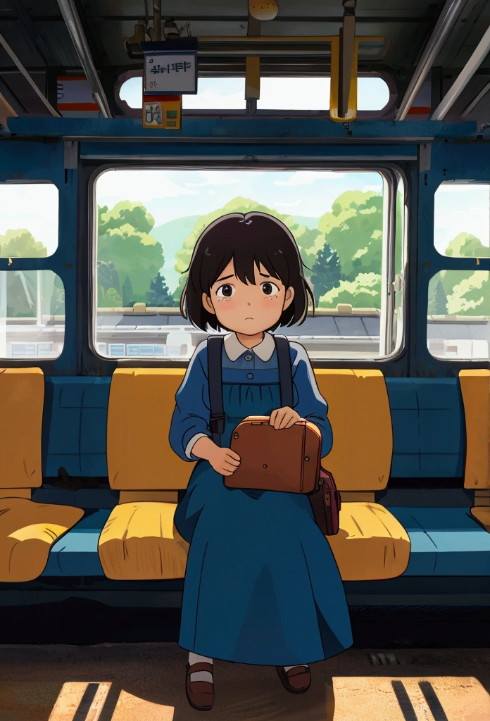 girl is sitting on an old train, looking through the window. Rural landscape is blurred by the movement of the train. She has a sad and lost expression, with a tear rolling down her cheek. She is wearing a simple blue dress and holding a small suitcase on her lap.. At the bottom, you can see the train station in the distance, where her grandparents are waiting for her.