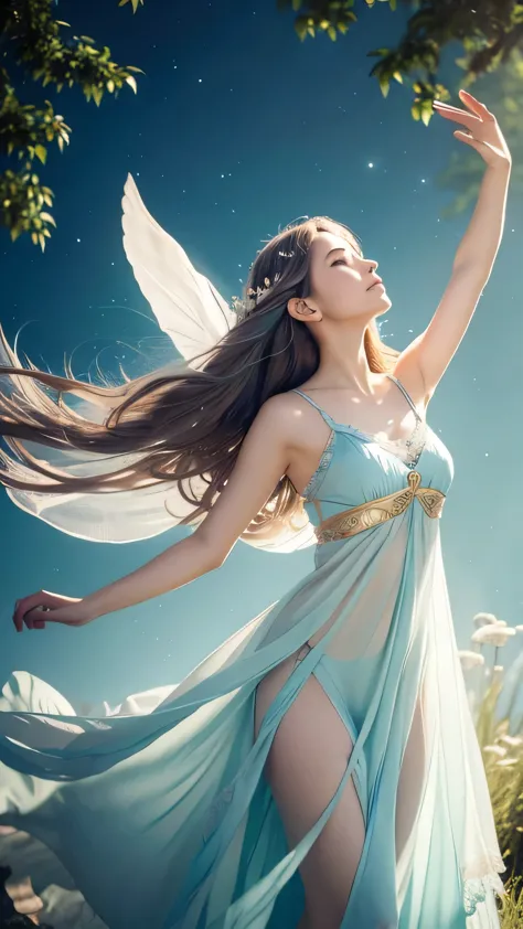 Create an ultra-realistic depiction of a Sylph, a mythical wind spirit known for its ethereal beauty and grace. **Overall Appearance**: The Sylph has a slender and graceful figure, standing around 160 cm tall. Her skin is smooth and has a faint, bluish glow, emphasizing her ethereal and otherworldly nature. **Hair**: Her hair is long and flowing, made of fine, silver strands that shimmer and float as if caught in a gentle breeze. It is styled in loose waves, adding to her ethereal charm. **Eyes**: Her eyes are large and sparkling, with a captivating blue hue. They are framed by long, fluttery eyelashes and convey a sense of wisdom and the boundless sky. **Expression**: She has a serene and calm expression, reflecting the tranquil nature of the wind. **Attire**: She wears a light, airy dress that seems to flutter as if caught in a breeze. The dress is a soft, pastel blue with white frills and lace trim, decorated with wind and cloud motifs. **Pose**: The Sylph is depicted in a dynamic pose, as if she's gracefully floating or dancing in the air. Her hair and dress billow around her, emphasizing her connection to the wind. **Background and Atmosphere**: The background features a serene, mystical forest with dappled sunlight filtering through the trees. The scene includes ancient, enchanted trees, blooming flowers, and gently swaying greenery. The air is filled with floating, glowing particles, creating a magical and uplifting atmosphere. The color palette is dominated by soft pastels, with accents of blue, white, and hints of gold to highlight her ethereal and enchanting nature.
