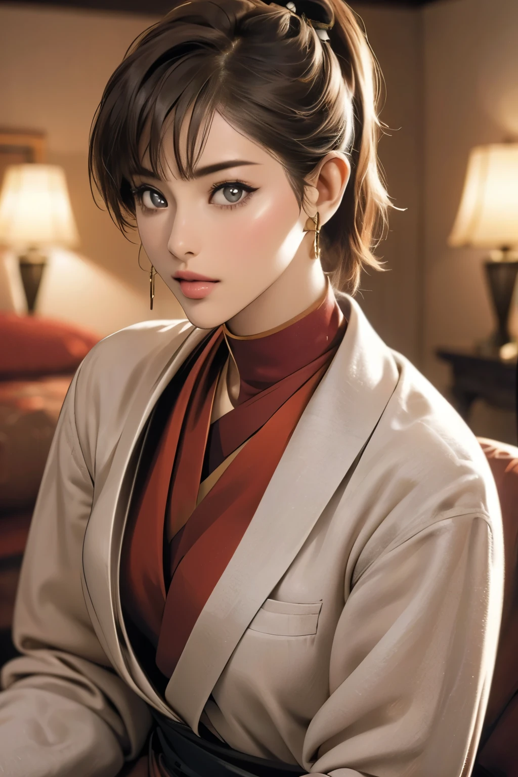 (Highest quality,4K,8k,High resolution,masterpiece:1.2),Very detailed,(Realistic,photoRealistic,photo-Realistic:1.37),Horny Japanese women, Beautiful and delicate hazel eyes, Beautiful lip detail, She is wearing a dark red G-string and bra.., Black Stockings, High heels, pose sensually for a photograph, In a luxurious hotel room, With attractive lighting, Enchanting atmosphere, Sensual look, Excellent Makeup, (short hair), (ponytail), (Neat bangs:1.4), Captivating Gaze, A confident and attractive demeanor, Vibrant colors, Smooth and flawless skin, Captivating aura, Captivating curves, Provocative pose, Elegantly decorated background, Sophisticated furniture, Soft Shadows, 魅惑的でEnchanting atmosphere.