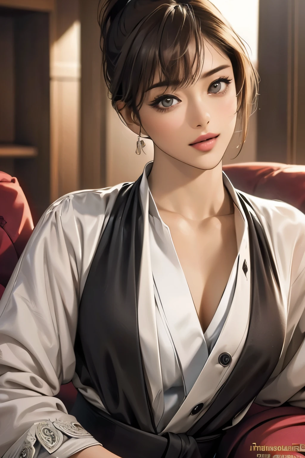 (Highest quality,4K,8k,High resolution,masterpiece:1.2),Very detailed,(Realistic,photoRealistic,photo-Realistic:1.37),Horny Japanese women, Beautiful and delicate hazel eyes, Beautiful lip detail, She is wearing a dark red G-string and bra.., Black Stockings, High heels, pose sensually for a photograph, In a luxurious hotel room, With attractive lighting, Enchanting atmosphere, Sensual look, Excellent Makeup, (short hair), (ponytail), (Neat bangs:1.4), Captivating Gaze, A confident and attractive demeanor, Vibrant colors, Smooth and flawless skin, Captivating aura, Captivating curves, Provocative pose, Elegantly decorated background, Sophisticated furniture, Soft Shadows, 魅惑的でEnchanting atmosphere.