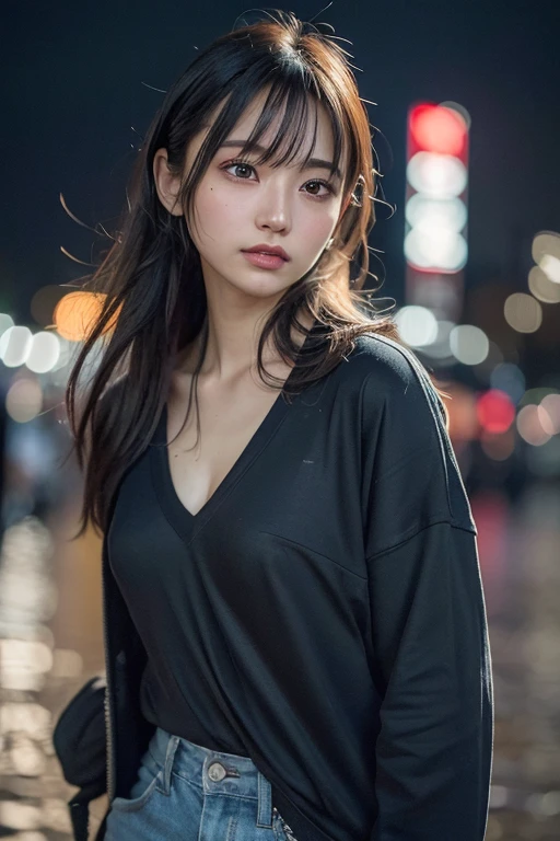 Random Pause, Mix 4, (8k, Original photo, Highest quality, masterpiece: 1.45), (Actual, Vibrant: 1.37), Skinny Japanese woman, One girl, charm, City view, night, rain, Wet, Professional Lighting, Photon Mapping, Radio City, Physically Based Rendering, Gradient black hair, Short Curly Hair, good looking, girl, The T-shirt is transparent,Torn clothes、 High resolution, 1080P, (Beautiful Face), (Detailed facial depiction), (Detailed description of the hand), (Detailed CG), Extreme light and shadow, Messy Hair, Lots of details, (exquisite features), (Highest quality photos), (Beautiful Eyes), Look in front of you, Thin clavicle,