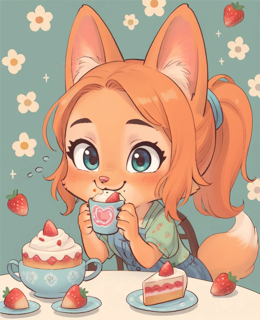 little fox, kid girl fox, little kid, ginger fur, long hair, ginger hair, blue eyes, dusty-pink nose, fox tail, fox ears, face similar of Diane Foxington, kid, cute, wearing a pink pijama, cute pijama, siting on chair in front of a table, eating a strawberry cake, a cup with hot chocolat on the table, chibi, alone, ginger hair, tied hair, smile, sleepy, cartoon, toon, chibi, cute girl, alone