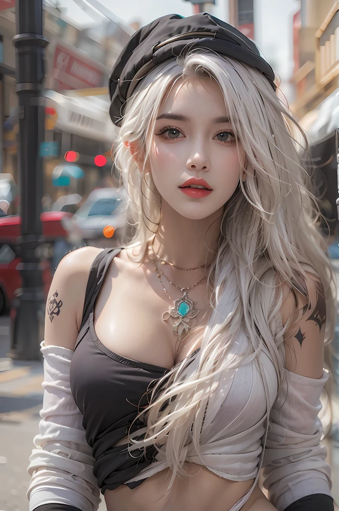 photorealistic, high resolution, 1women, solo, hips up, look at viewer, (detailed face), white hair, long hair, street wear, jewelry, belly tattoo