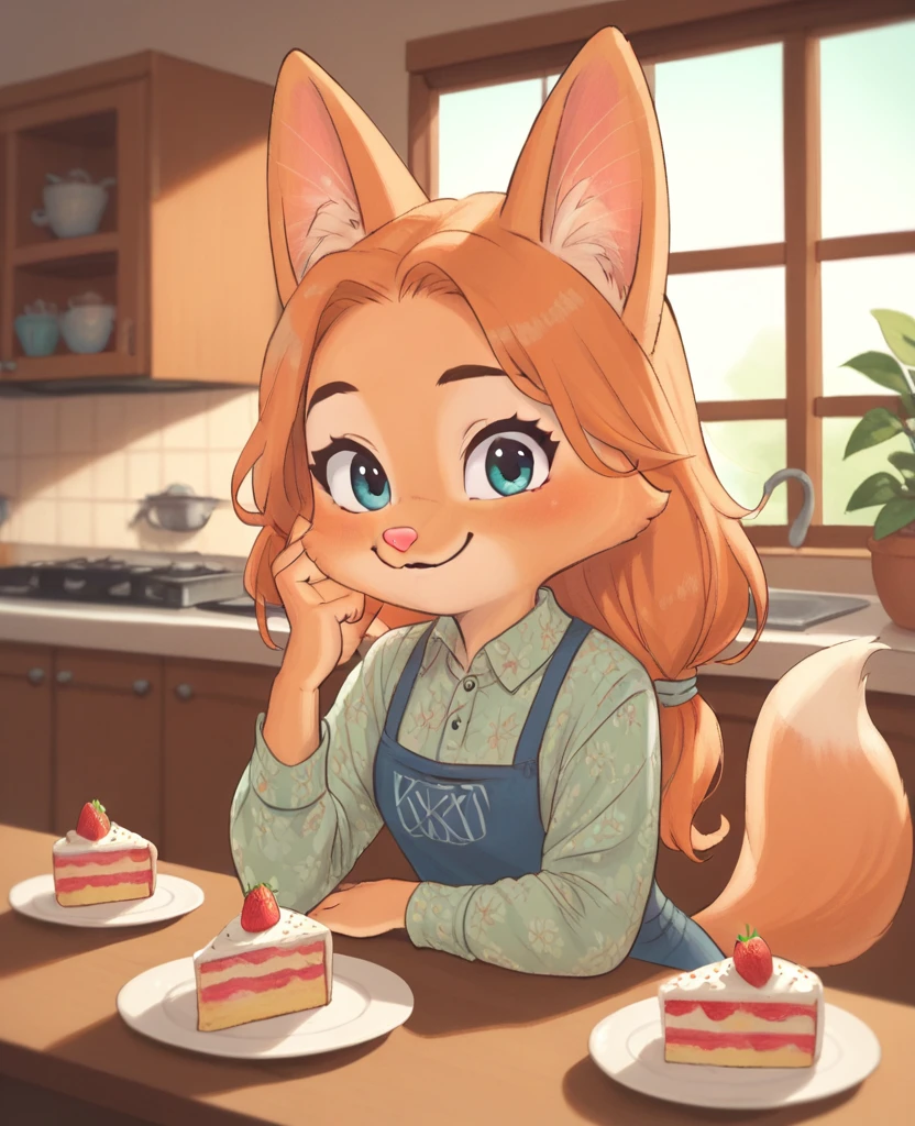 little fox, kid girl fox, little kid, ginger fur, long hair, ginger hair, blue eyes, dusty-pink nose, fox tail, fox ears, face similar of Diane Foxington, kid, cute, wearing a pink pijama, cute pijama, on the kitchen, siting on chair in front of a table, a plate with strawberry cake, a cup with hot chocolat on the table, chibi, alone, ginger hair, tied hair, smile, sleepy, cartoon, toon, chibi, cute girl, alone