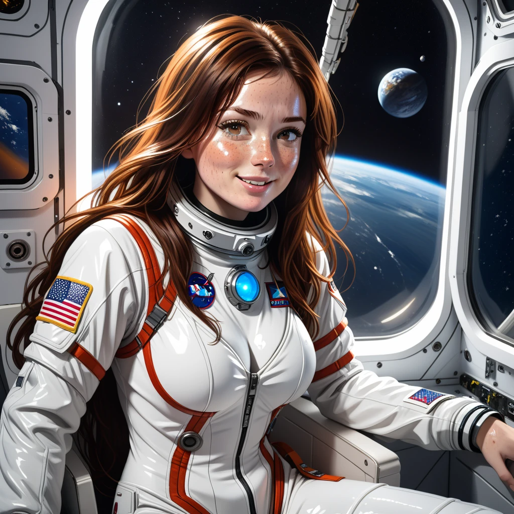 (GeGe:1.8), woman, brunette, brown eyes, (freckles: 1.8), score_9, score_8_up, score_7_up, 1girl, long flowing brown hair, spacesuit, shiny skin, cleavage, wet skin, huge breasts, eye contact, hair over one eye, light smile, astronaut, in international space station, tilted angle, moody lighting, flouting, suggestive pose, window, professional lighting, science fiction, perfect quality, high quality, photorealistic, sitting BREAK black and red theme, monochrome, greyscale,
