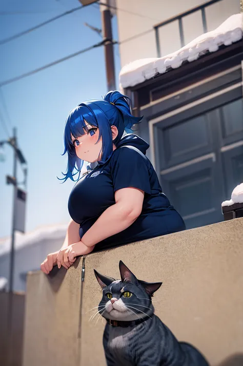 fat, blue haired, cat girl, older, winter back ground, chubby